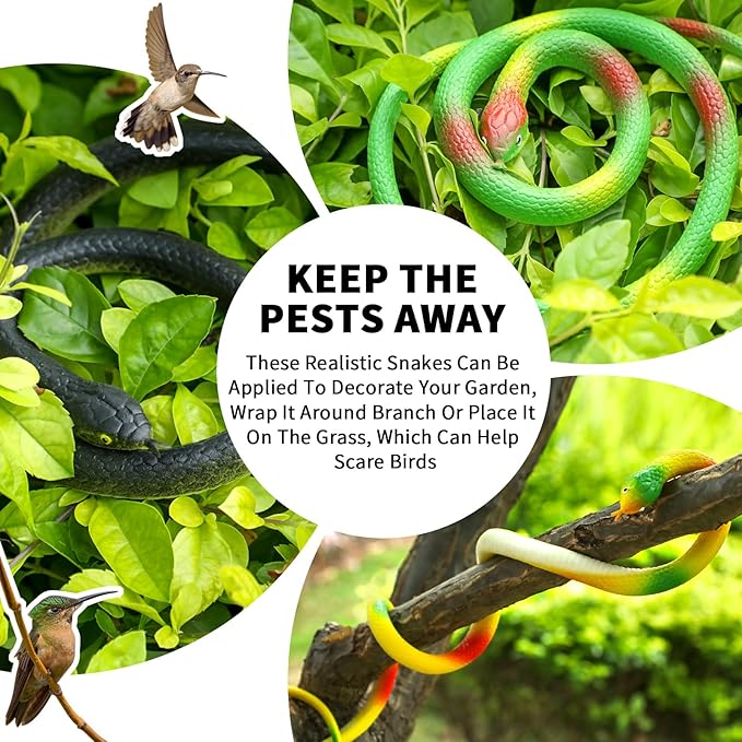 Blulu 3 Pieces Rubber Snakes Realistic Large Lifelike Fake Toys Plastic Garden Snake to Keep Birds Away Scare Squirrels Halloween Prank Props Scare Toy(Vivid Style)