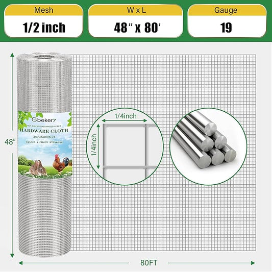 Gbekery Hardware Cloth 1/2 inch 48in x 80ft 19 Gauge, Hot-dip Galvanized After Welding Chicken Wire Fence Roll Garden Plant Welded Metal Wire Fencing Roll, Rabbit Cages Snake Fence