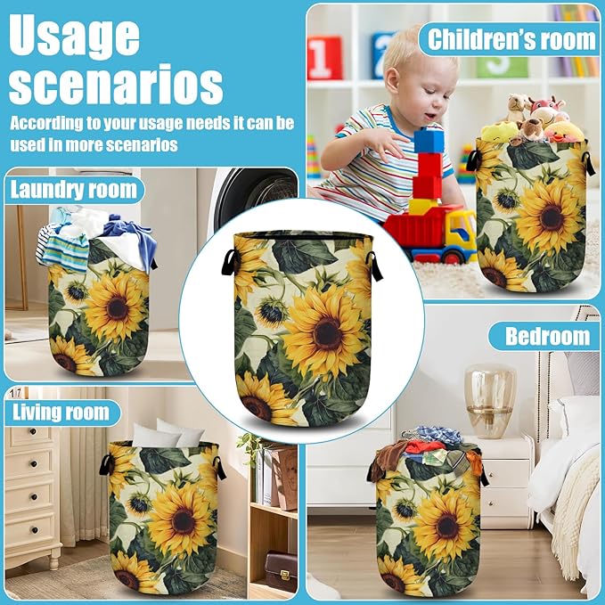 Retro Sunflower Laundry Basket, Floral Laundry Hamper Collapsible Oxford Cloth with Handle Clothes Storage Bin for Bathroom Laundry Room Bedroom 15.7 X 20 Inch