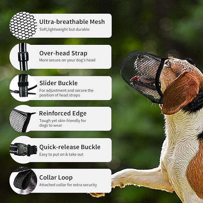 Dog Muzzle, Breathable Soft for Small to Medium Dogs to Anti & Prevent Barking Biting Chewing, Reflective & Adjustable Basket Muzzle with Air Mesh for Schnauzer Black M