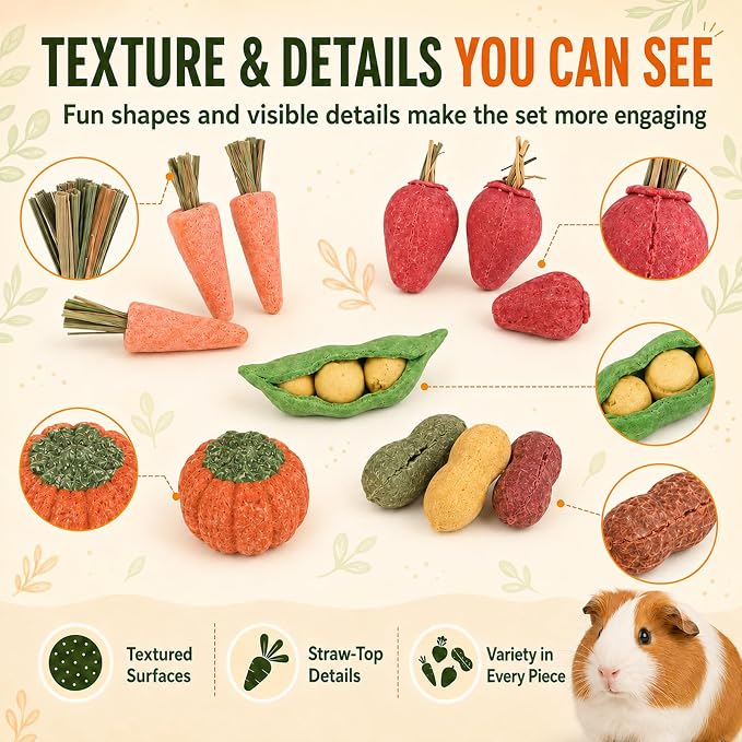HERCOCCI 15Pcs Guinea Pig Chew Toys, Hamster Toys Prevent Excessive Teeth Growth Natural Vegetables Carrot & Timothy Grass for Guinea Pig Rabbit Chinchillas Gerbil