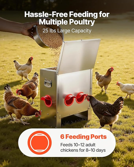 VEVOR Automatic Chicken Feeder, 25 lbs Capacity, 6 Feeding Ports No-Waste Poultry Feeder, Automatic Gravity, with Handle Latch Lid, Metal Construction, for Chickens Bantams Pheasants Poultry Coop