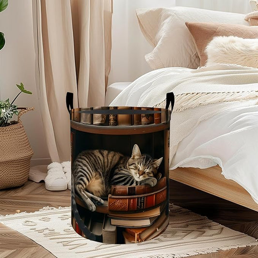 Cat Laundry Basket, Oxford Cloth Vintage Elegant Dirty Clothes Collapsible Hamper for Room Decor, Bookshelf Library and Kitten Print Gifts Toy Organizer 19.7*15.8 Inch for Bedroom Bathroom Dorm
