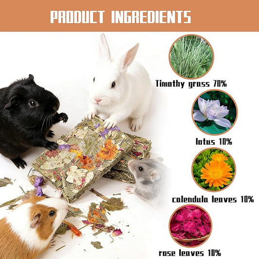 10 Pack Natural Timothy Hay, Bunny Chew Toy, Bunny Crisp Treat, Herbal Flowers Timothy Hay Food for Cleaning Teeth for Rabbit, Guinea Pig, Hamster, Chinchilla Rat, Gerbils, Small Animals