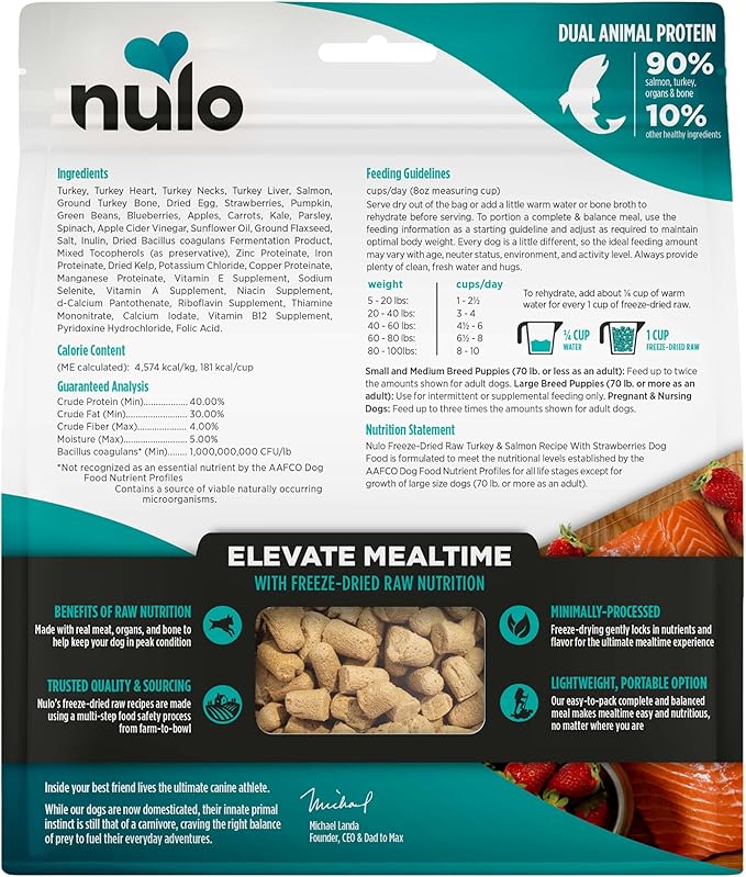 Nulo Freeze-Dried Raw Turkey & Salmon Recipe with Strawberries Complete and Balanced Dry Dog Food Kibble, 8 Ounce Bag