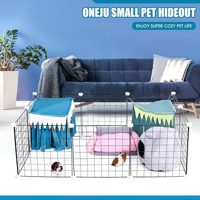 Guinea Pig Hideout - Guinea Pig Corner Hideout, Four-Sided Fringes, Square Top and Washable Hides, Ideal Hides for Small Pets, No Metal Fences, Blue