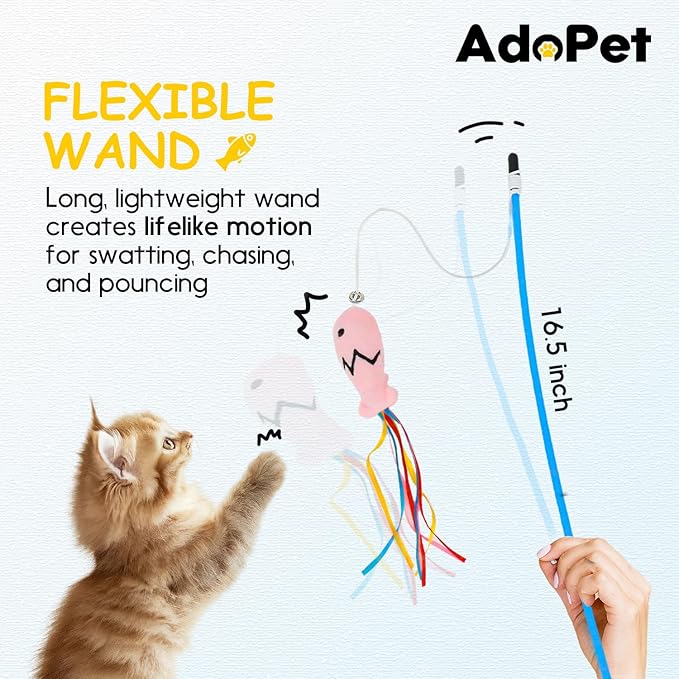 3PCS Interactive Cat Wand Toy with Plush Fish & Colorful Ribbon Tails – Engaging Play and Exercise Teaser Stick for Indoor Cats and Kittens (Brown, Gray, Pink)