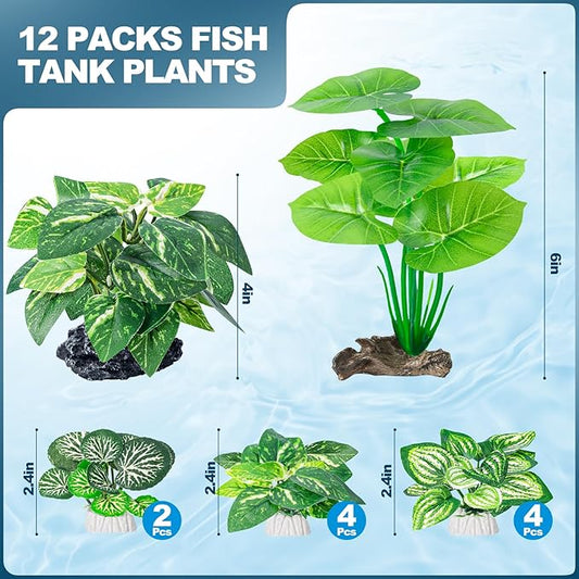 CousDUoBe 12 Pcs Betta Fish Tank Decor,Silk Aquarium Plants Green Fish Tanks Decoration Plants, Aquarium Decorations Green Plants