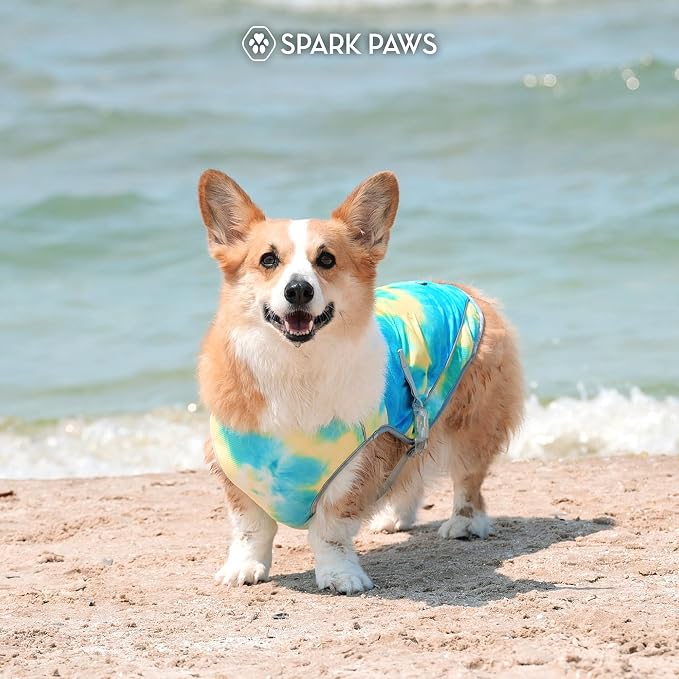 Spark Paws Dog Cooling Vest - SPF 50 UV Sun Protection - Summer Heat Relief Gear for Dogs, Lightweight, Evaporative Cooling - Dog Anxiety Relief Vest During Hot Days - Tropical Storm, Medium