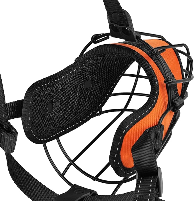 OOPSDOGGY Pitbull Dog Muzzle Reflective Metal Mask Secure Wire Basket Muzzles for Large Sized Dogs Amstaff Soft Cage to Prevent Biting Chewing with Adjustable Straps (Orange, Pitbull)