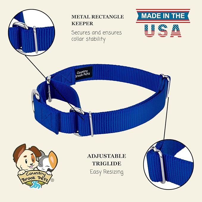 Country Brook Petz - Martingale Dog Collar - Heavy-Duty Training Collar with No Buckle - Service Dog Collar for All Pups - 20 Vibrant Colors (Royal Blue, 3/8 Inch, 3XS)