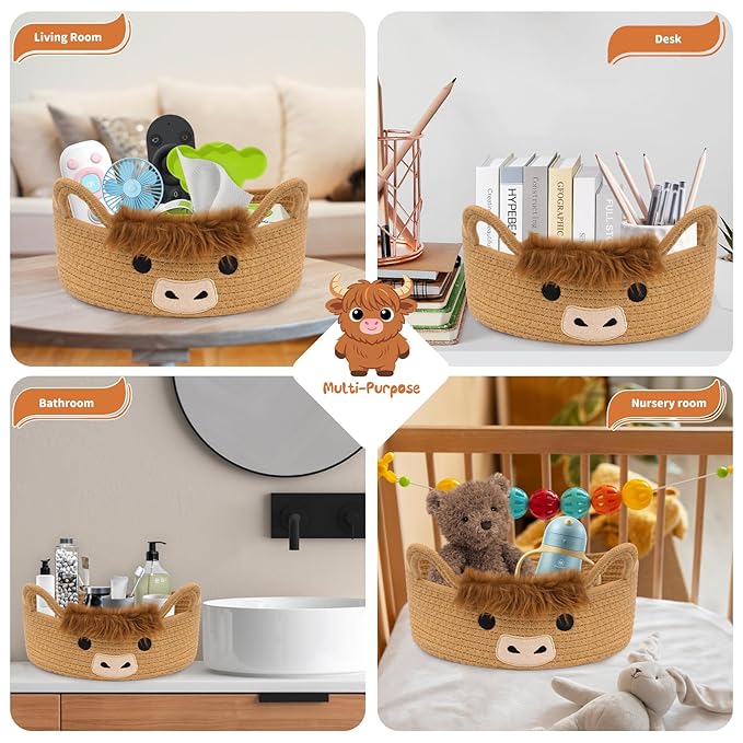 Oval Highland Cute Cow Basket for Nursery, Small Woven Gift Basket, Rope Cotton Storage for Gifts Empty, Baby Shower Blanket 0rganizer with Handles,Towel Decorative Bins, 12"D x 5"H in