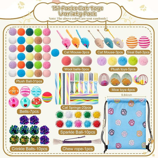 Leitee 100 Pcs Cat Toys Assortment with 1 Gift Storage Bag, Interactive Cat Play Set for Indoor Kitten, Colorful Springs, Mouse Toys, Chew Ropes, Balls, Bells & Sisal Ball (Ball Toy)