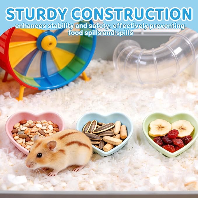 3 Pack Ceramic Hamster Food Bowl Anti-Turning Heart Hamsters Water Dish Cute Small Animals Bowl for Rabbits Chinchillas Guinea Pig Rat Hedgehog Parrots Small Animals (3 Colors)