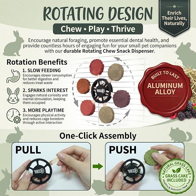 YKD Chinchilla Chew Toys, Rotating Spinner Toys + 12 Pcs Timothy Hay | Rabbit Chew for Teeth Grind & Digestion, Rust-Proof Aluminum Toy, for Rabbit, Bunny, Chinchilla, Hamster Dental Health