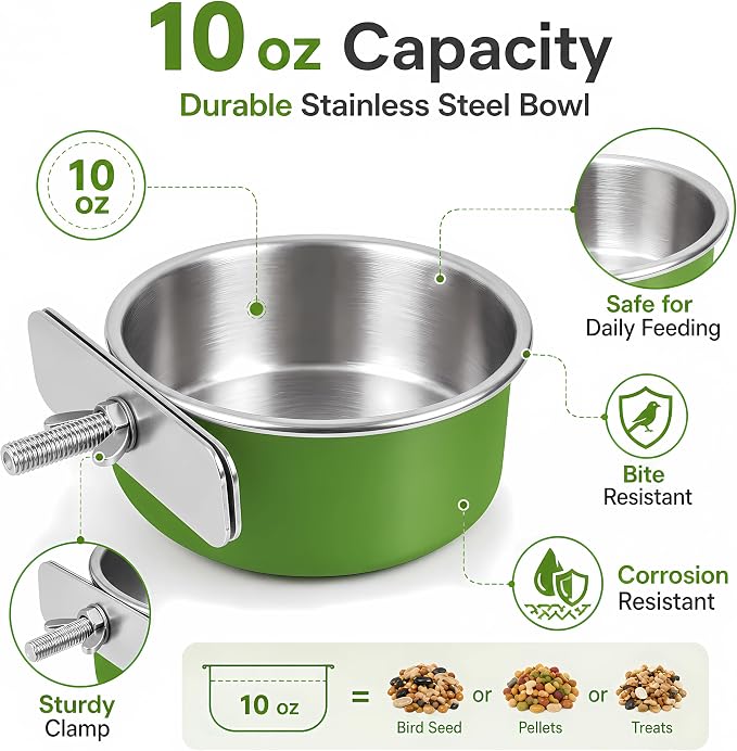 Stainless Steel Bird Bowls for Cage (8 Pack)– Green Hanging Bird Food & Water Feeder Cups with Clamp Holder, Anti-Spill Bird Cage Feeders for Parakeets, Cockatiels, Conures, Budgies & Small Animals