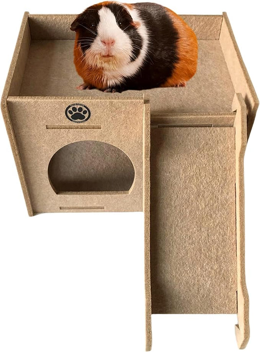 Guinea Pig Felt Hideout & House with Ramp Easy to Assemble Small Animal Sturdy Hut Habitats Decor for Piggies Chinchilla Rat Playing Hiding (Camel)