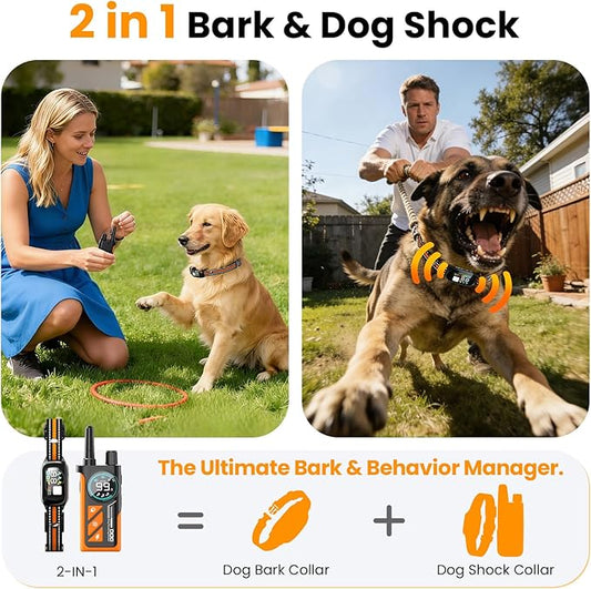 2 in 1 Dog Bark and Shock Collar - 4500FT Bark Collar with Remote Control, Anti Bark and 3 Training Modes (Tone, Vibration, Safe Shock, IP67 Waterproof, Portable Training Collar for 5-120lbs Dogs