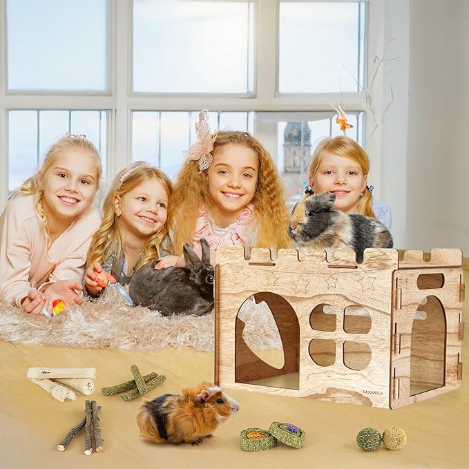 Larger Bunny Castle Sturdy Walnut Color Wooden Rabbit Hideout for Bunnies Guniea Pigs Ferrets Chinchillas Hamsters LXUS (Single Castle)