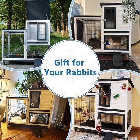 FunXplore 2-Tier Rabbit Cage & Bunny Hutch Indoor Outdoor, 4 Metal Wheels, Chew-Resistant Aluminum-Edged Frames & Ramps, Leak-Proof Trays, Easy Assembly, Spacious for Rabbits & Small Animals