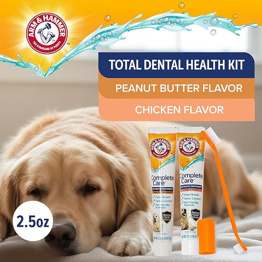 Arm & Hammer Complete Care Dog Dental Kit with Two Flavors: Chicken & Peanut Butter Enzymatic Dog Toothpaste, Toothbrush, & Finger Brush, Baking Soda + Calcium, 2.5oz Each