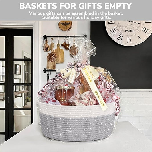 CHICVITA Gift Basket Empty to Fill, Woven Baskets for Storage, Rope Decorative Baskets with Gift Bags & Ribbon for Baby Girl, Dog Toy Storage, 13.6"x 10" x 6", Grey