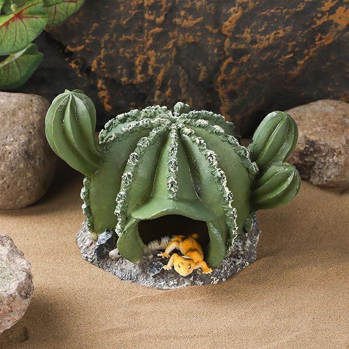 IBWell Resin Cactus Leopard Gecko Hide Reptile Cave,Desert Terrarium Décor,Bearded Dragon Hideout, Small Reptile Hide
