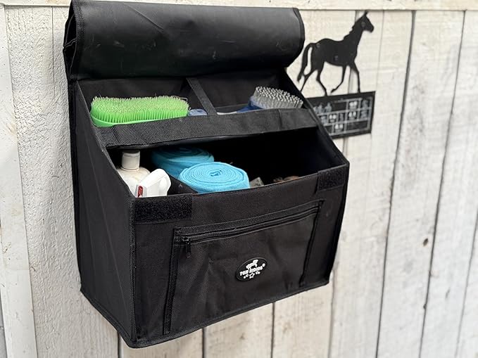 Stall Front Organizer Bag, Black, Multi-Compartment Storage, Horse Grooming Supply Holder with Top Loading Design