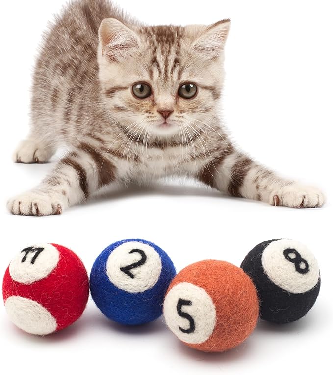 Glaciart One Wool Pool Ball Cat Toy β 4 Pcs with Catnip - Soft Fuzzy Enrichment 100% Natural Felt Cat Toy - Interactive Play Set - Safe for Pets, Non-AZO Colored Dyes β 1.5β