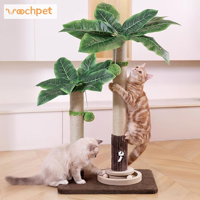 WOOCHPET Palm Tree Cat Scratching Post with Interactive Toys, Dual-Height Sisal Scratcher for Kittens, Adult & Large Indoor Cats