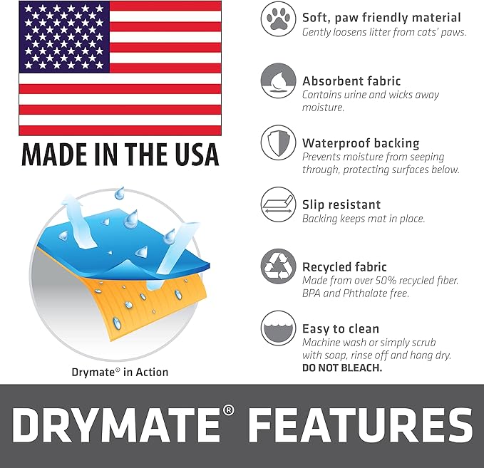 Drymate Cat Litter Box Mat, Litter Trapping Mat, Waterproof, Urine-Proof, Absorbent, Machine Washable, Soft on Paws, Contains Mess, Protects Floors, Kitten Supplies, Dark Blue, 20x28