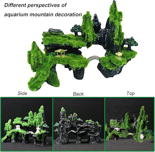 Tfwadmx Fish Tank Mountain View Decoration Aquarium Stone Ornament Bridge with Moss Tree House Cave for Small Betta Shrimp Hide