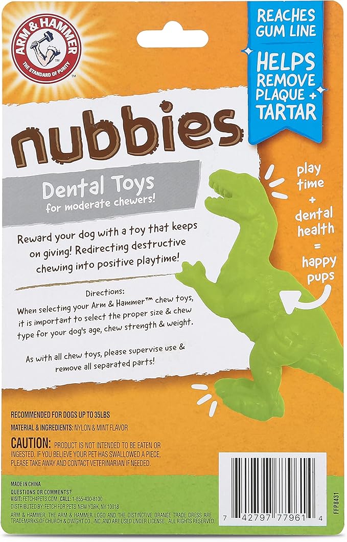 Arm & Hammer Nubbies Denta-Saurus T-Rex Dog Dental Chew Toy, Mint Flavor, for Moderate Chewers, Nylon, Reduces Plaque and Tartar Without Brushing, Baking Soda Infused