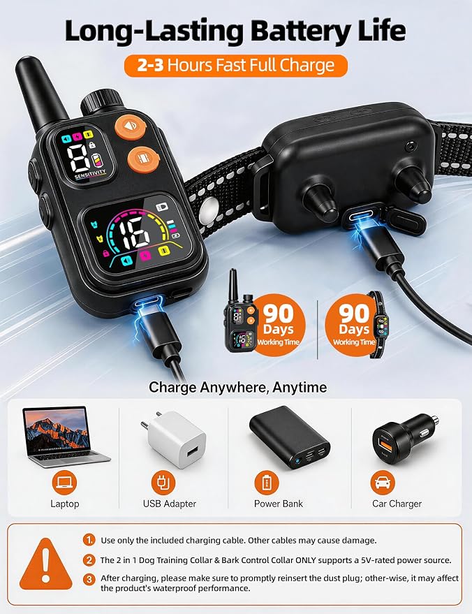 2 in 1 Dog Bark and Shock Collar, 4500FT Bark and Training Collar with Remote, 3 Modes (Beep/Vibration/Safe Shock), IP67 Waterproof, Anti Bark Collar for Small Medium Large Dog (5-120Lbs)