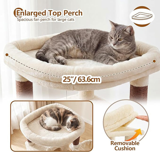Heybly Cat Tree, 53.1-Inch Corner Stable Cat Tower for Large Indoor Cats, Well-Structured Interactive Cat Condo with Fan-Shaped Top Perch, Cozy Condo, Sturdy Base, Basket & Hammock, Beige HCT029MJ