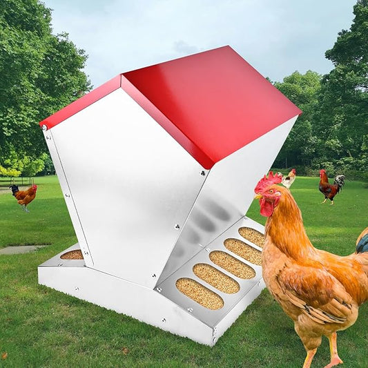 shengyi 11.5-55lbs Galvanized Chicken Feeder - Rat Proof Poultry Feeder with Lid Weatherproof Outdoor Coop Food Dispenser (25lbs 11.75x11.75x15.75in)
