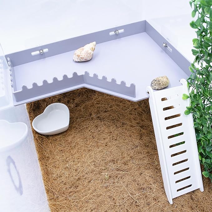 No-Drill Climbing Platform with Ramp, Hermit Crab Climbing Wall & Hideout, Multi-Level Platform with Ladder, No-Tools Mounting for Geckos, Small Lizards, Hamsters, Grey