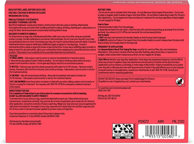Amazon Basics Flea and Tick Topical Treatment and Prevention for Extra Large Dogs (89-132 lbs), Kills Fleas and Ticks, Waterproof, Monthly Application, 6 Count, Packaging May Vary