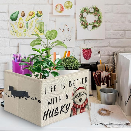 Christmas Husky Foldable Storage Bins Box with Handles, Gifts for Husky Lovers, Dog Mom Dad Lovers Gifts Collapsible Toys Books Clothes Organizer Basket for Bedroom Bathroom