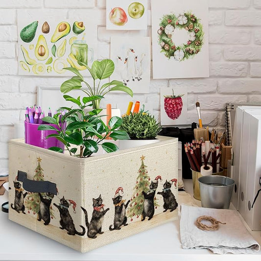 Black Cat Christmas Tree Foldable Storage Bins Box with Handles, Black Cat Mom Lovers Gifts for Women, Christmas Kitten Collapsible Toys Books Clothes Organizer Basket for Bedroom Bathroom