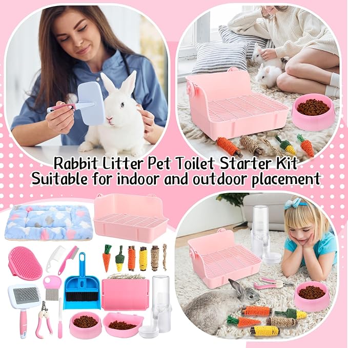 20 Pcs Rabbit Starter Kit Small Bunny Litter Box Animal Grooming Kit with Hanging Pet Bowls Water Bottle Bunny Toys Flannel Blankets with Cleaning Set for Guinea Pig Rabbit Accessories(Pink)