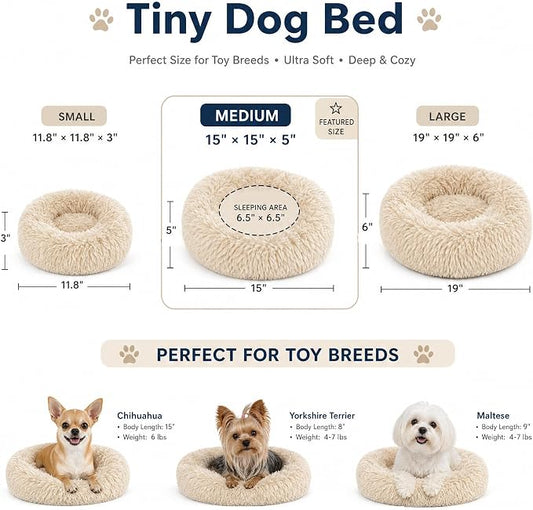 Tiny Dog Bed 15 Inch for Extra Small Dogs,Washable Puppy Bed,Soft Faux Fur Calming Donut Bed for Chihuahua Yorkie Maltese Pomeranian,Beige