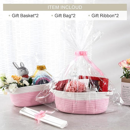 2 Pack Small Woven Basket with Gift Bags and Ribbons, Empty Decorative Gift Chest Box, Cute Baby Gift Basket for Nursery, Cotton Rope Room Shelf Storage Basket with Handles, All 12"x 8"x 5", Pink