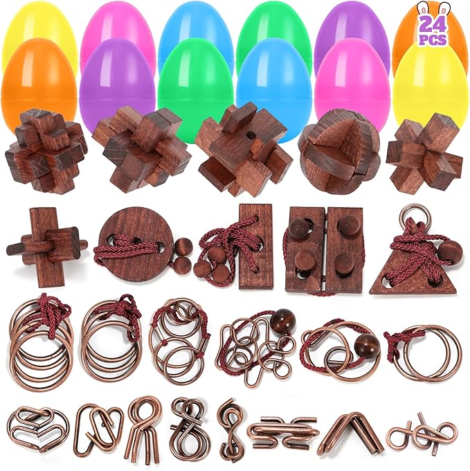 24 Pcs Brain Teaser Puzzles for Adults and Teens - Metal Puzzles 3D Puzzle Game Toys for Adults Teens - Wooden Unlock Interlocking Puzzle Adult IQ Education Smart Toys