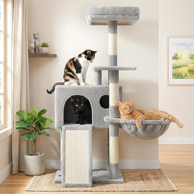 Gitelsnour Cat Tree, 42.1" Cat Tower for Indoor Kittens with Scratching Board and Posts, Multi-Level Cozy Cat Condo with 2 Perches, Hammock, Balls, Light Gray GCT005SW