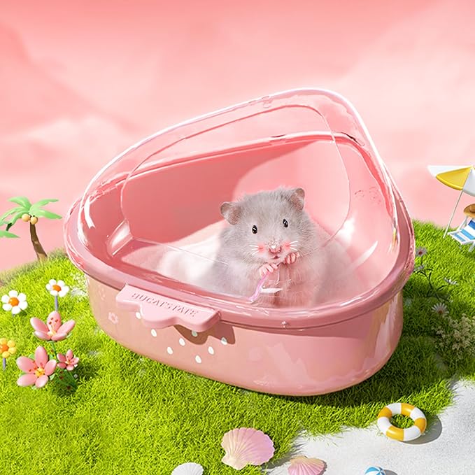 BUCATSTATE Hamster Sand Bath Kit Hamster Sand Bath Container Ultra Large Transparent Toilet for Syrian Hamsters Accessory for Small Animals(Pink, Strawberry)