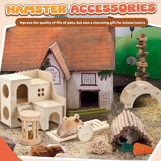 8 Pcs Hamster Cage Accessories Hamster Starter Kit with Maze Wood House, Bridge, Seesaw, Chew Toys Set for Gerbils and Mice Small Animals Habitat Supplies(Classic Villa)