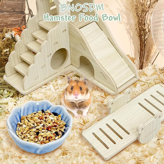 BNOSDM 2 Pcs Hamster Ceramic Food Bowl Flower Series Gerbil Drinking Bowls Anti-Turning Food & Water Dish for Dwarf Syrian Hamsters Gerbil Chinchilla(Blue, Narcissus Pattern)