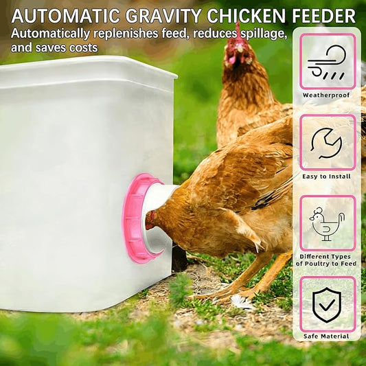 Chicken Feeder Port, 12 Pack Chicken Feeders No Waste with 12 Lids 1 Drill Bit, DIY Automatic Poultry Feeder Cups Kit, Chicken Bucket Feeder for Barrels (Pink)
