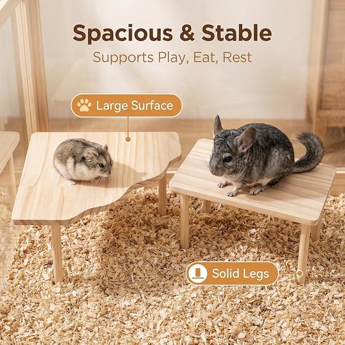 Hamster Platform Set, 2-Piece Wooden Modular Playground & Hide, Cage Accessories for Dwarf Syrian Hamsters, Gerbils, Mice, Degus (Rectangle+Corner)